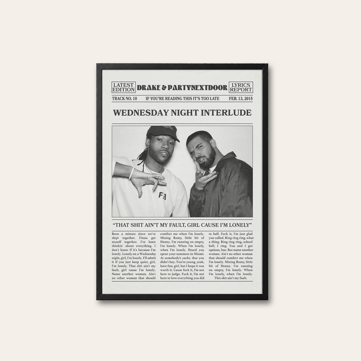 Drake & PARTYNEXTDOOR Wednesday Night Interlude newspaper poster — black frame