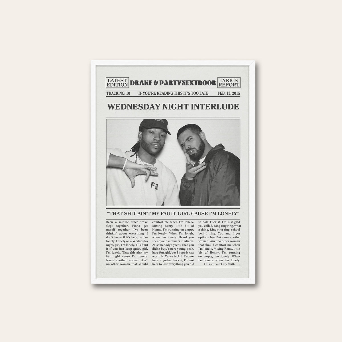 Drake & PARTYNEXTDOOR Wednesday Night Interlude newspaper poster — white frame
