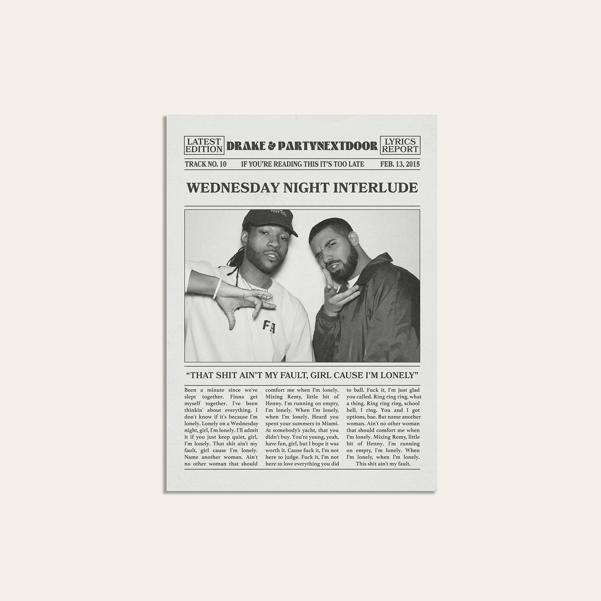 Drake & PARTYNEXTDOOR Wednesday Night Interlude newspaper poster — unframed print