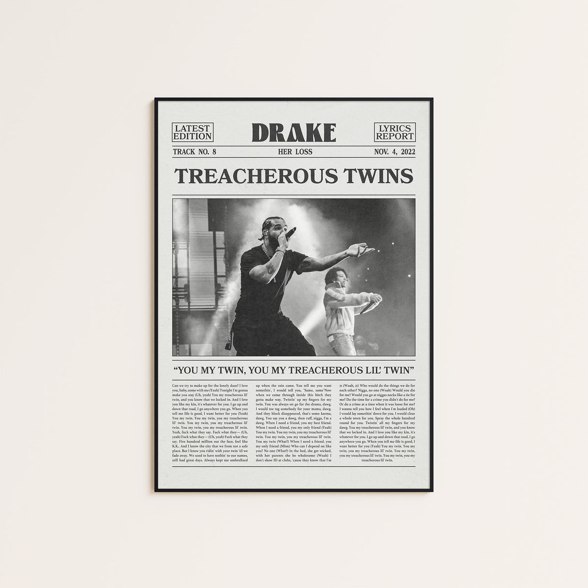 Drake Treacherous Twins newspaper poster — black frame display