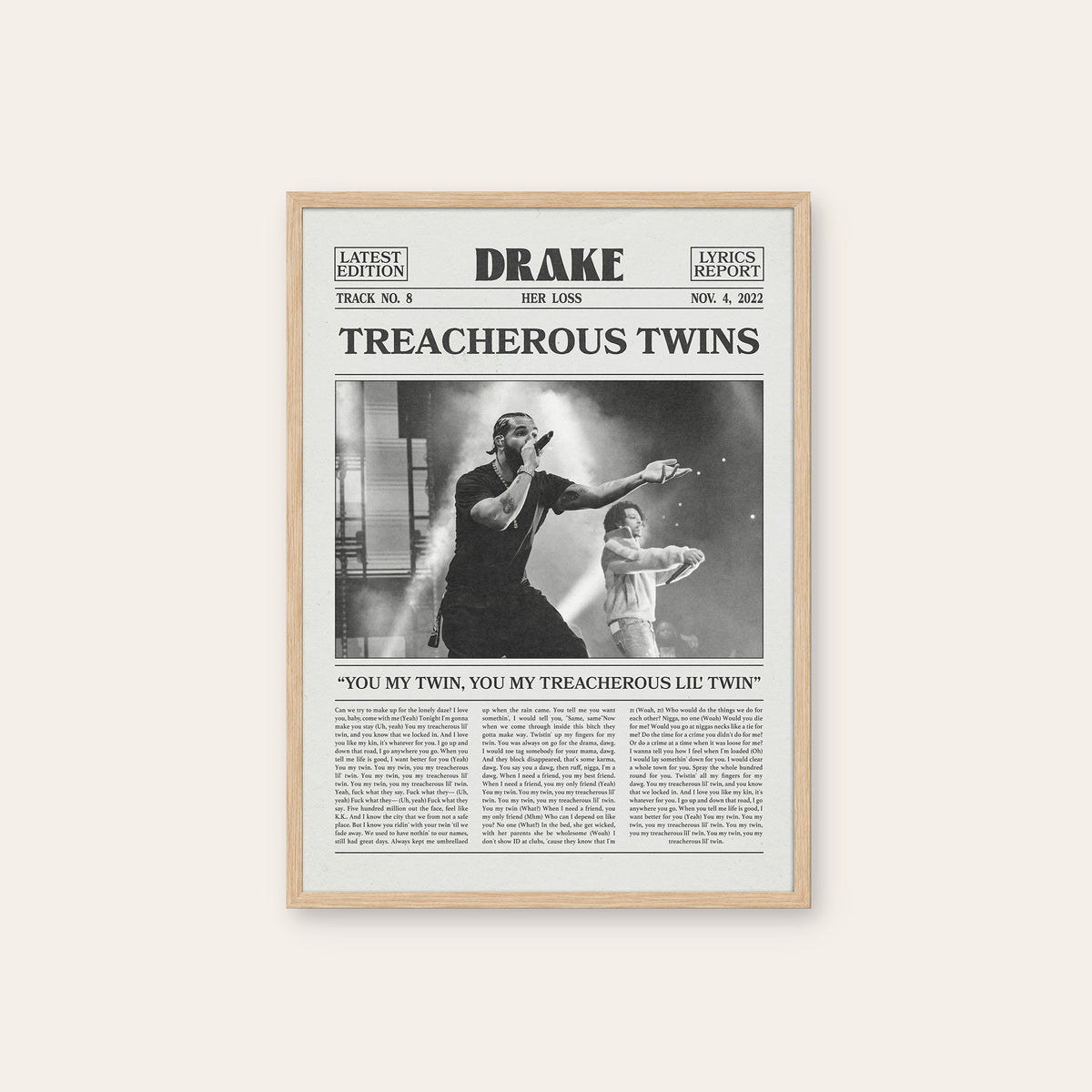 Drake Treacherous Twins newspaper poster — natural wood frame