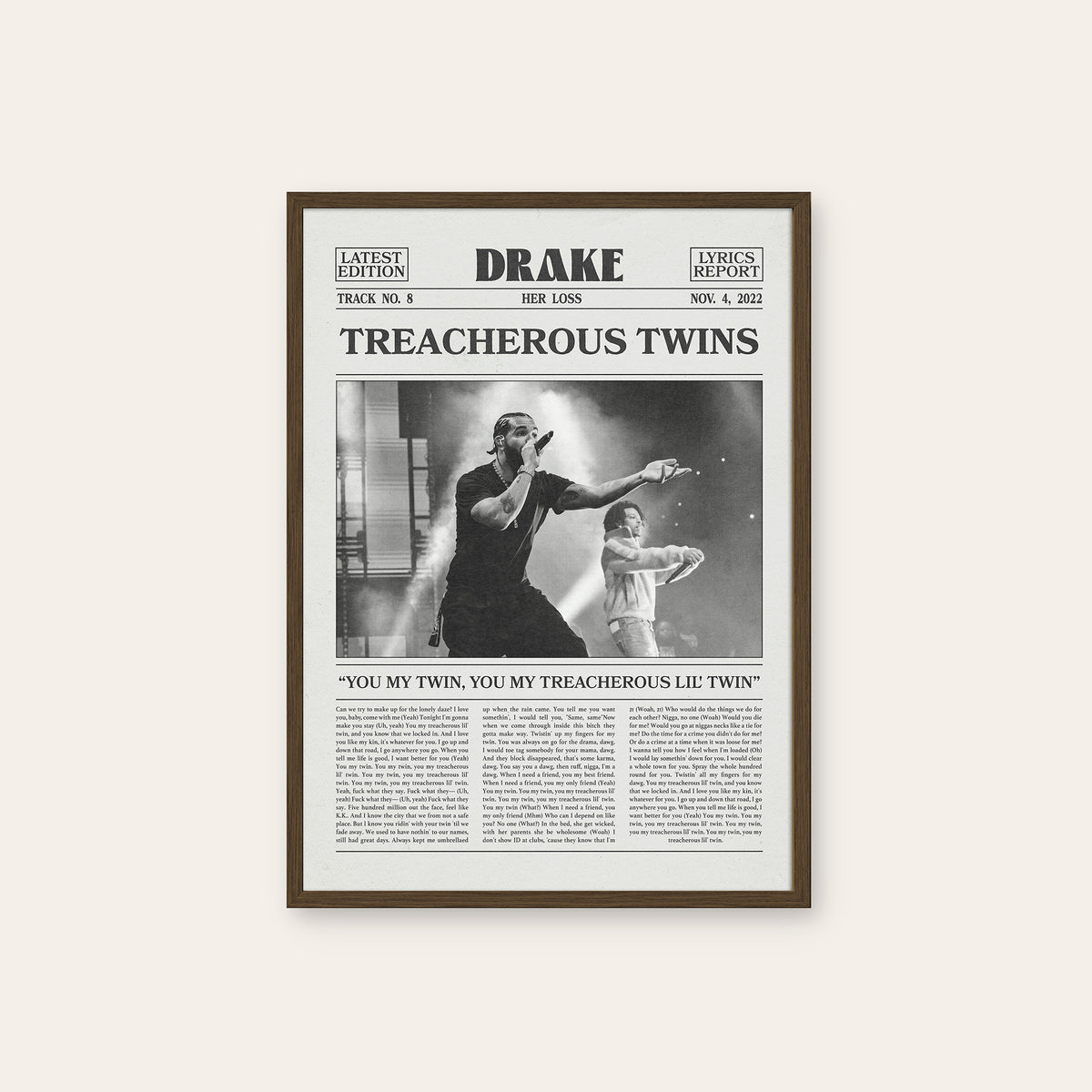 Drake Treacherous Twins newspaper poster — dark wood frame