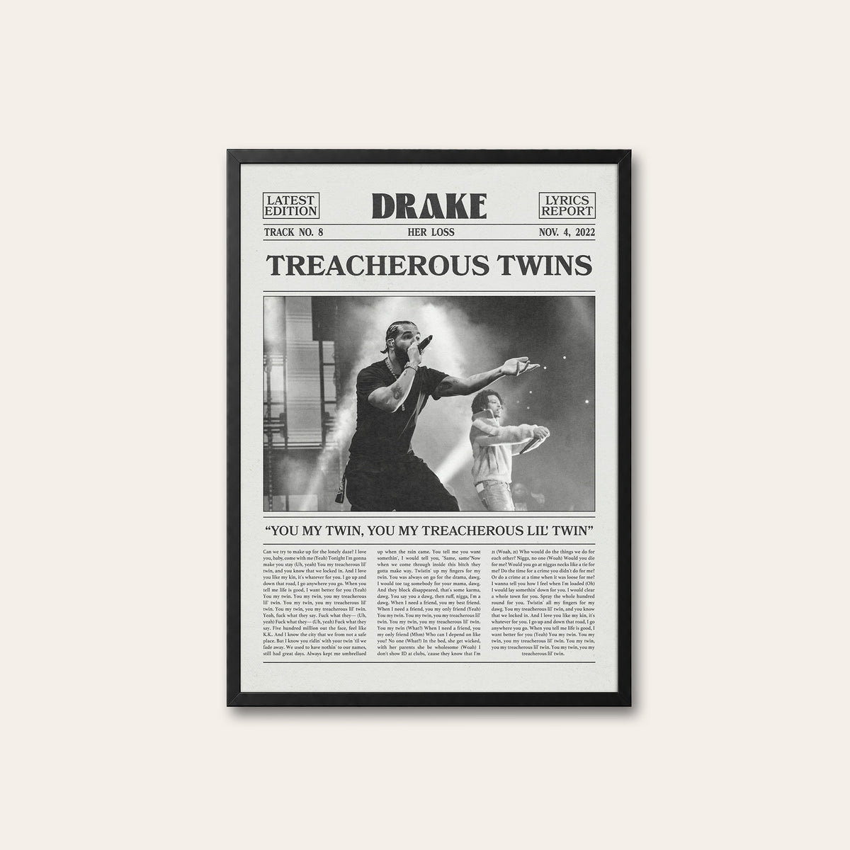 Drake Treacherous Twins newspaper poster — black frame