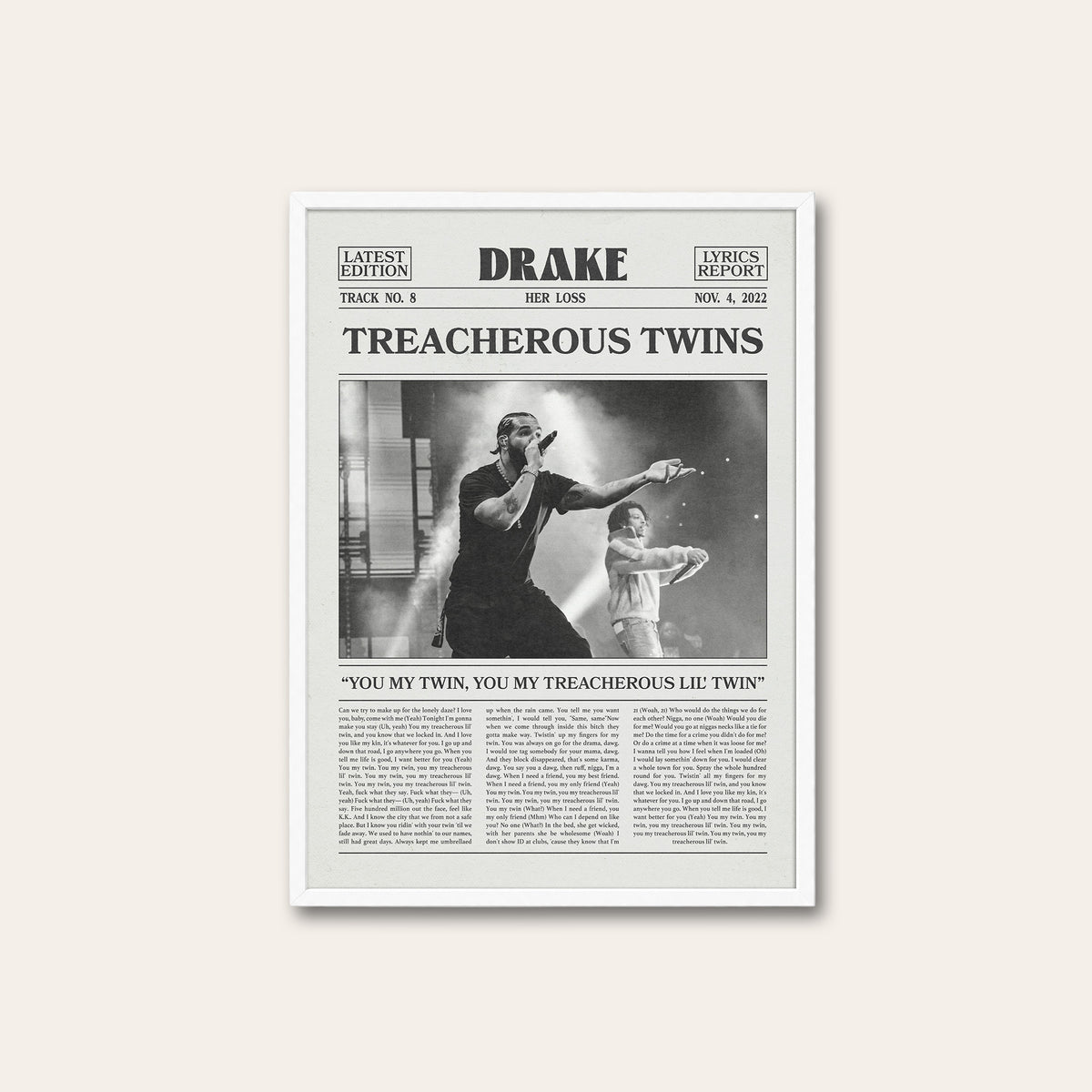Drake Treacherous Twins newspaper poster — white frame