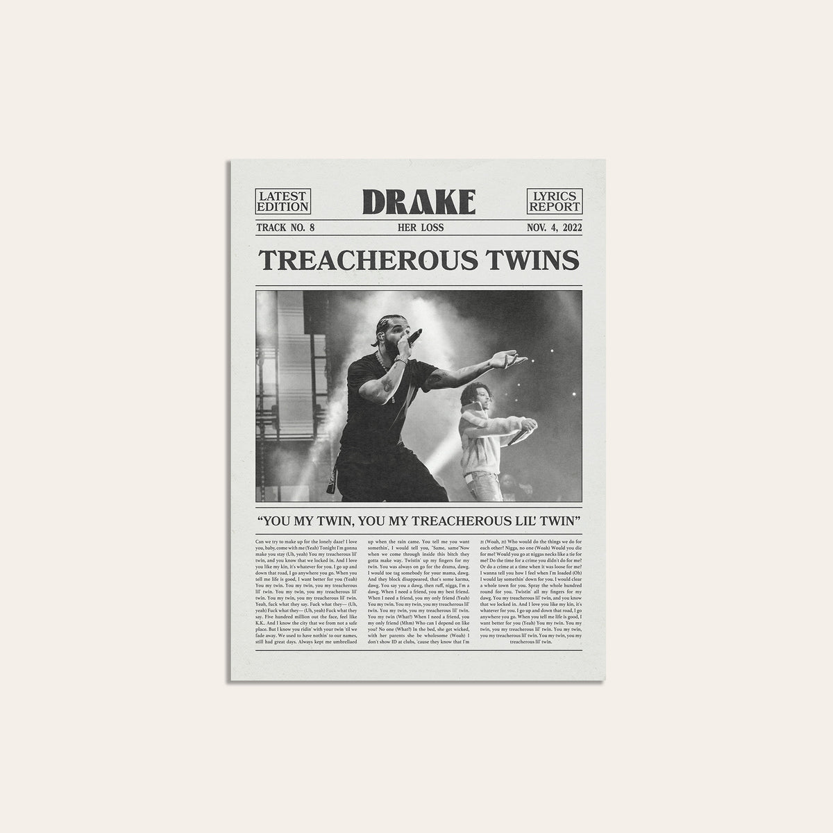 Drake Treacherous Twins newspaper poster — unframed print