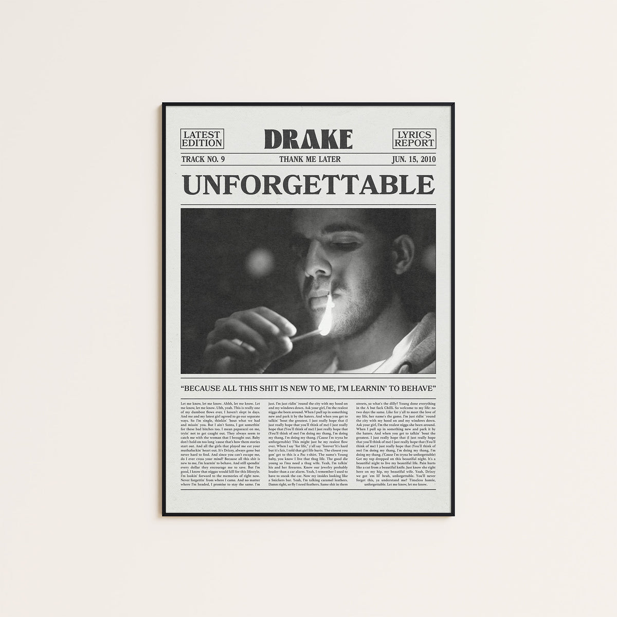 Drake Unforgettable newspaper poster — black frame display