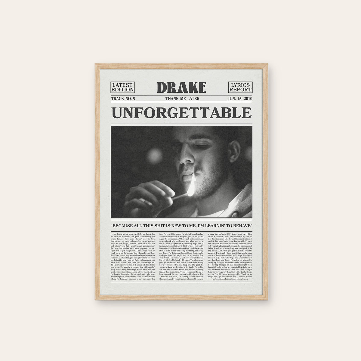 Drake Unforgettable newspaper poster — natural wood frame