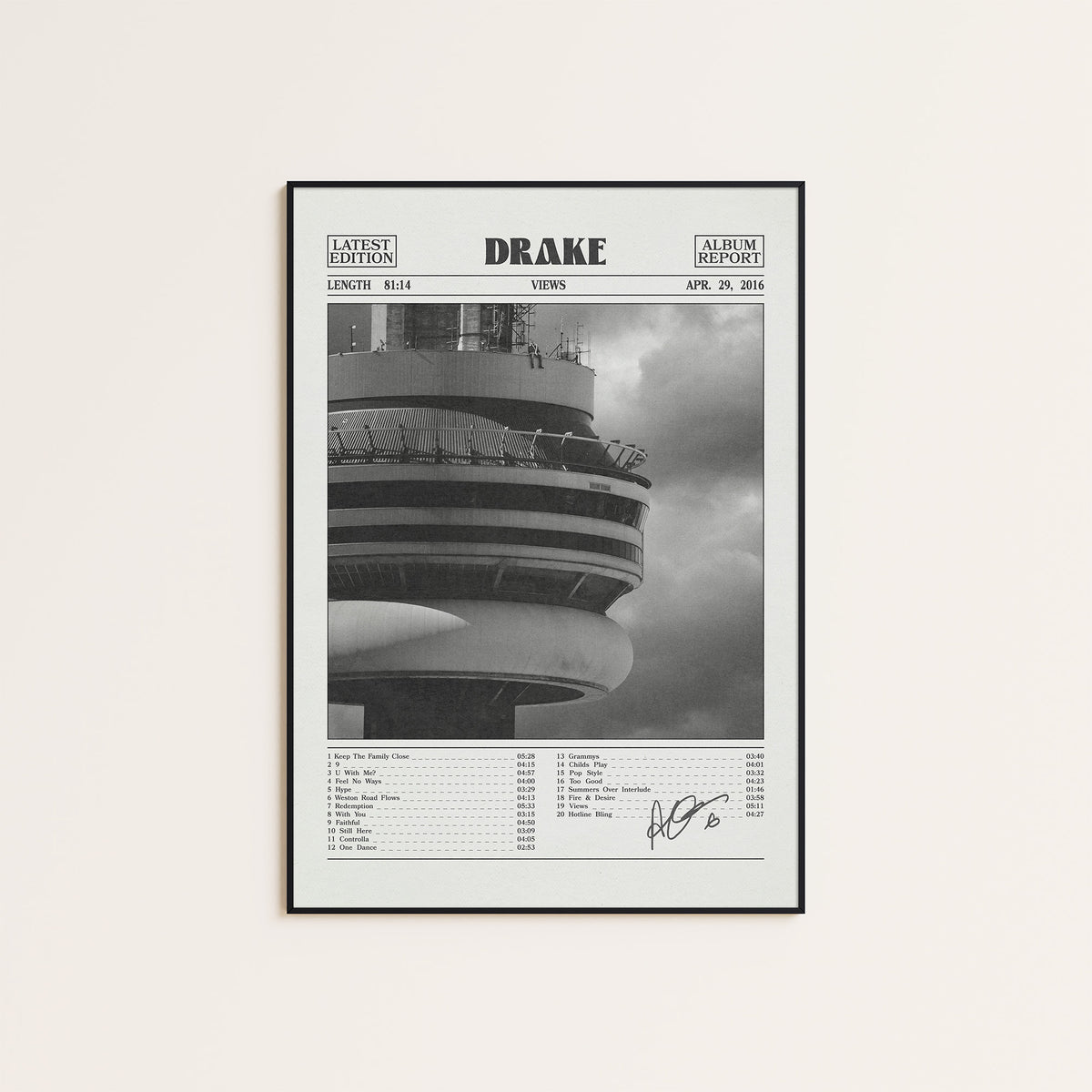 Drake Views Album Report album poster — black frame display