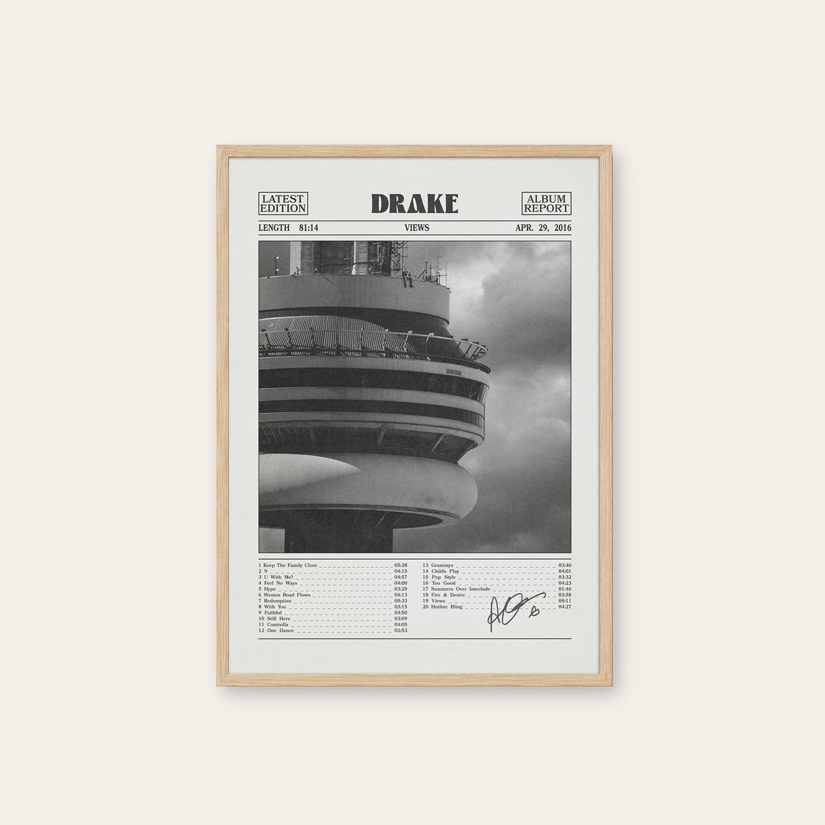 Drake Views Album Report album poster — natural wood frame