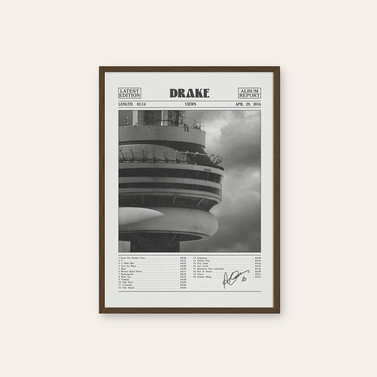 Drake Views Album Report album poster — dark wood frame