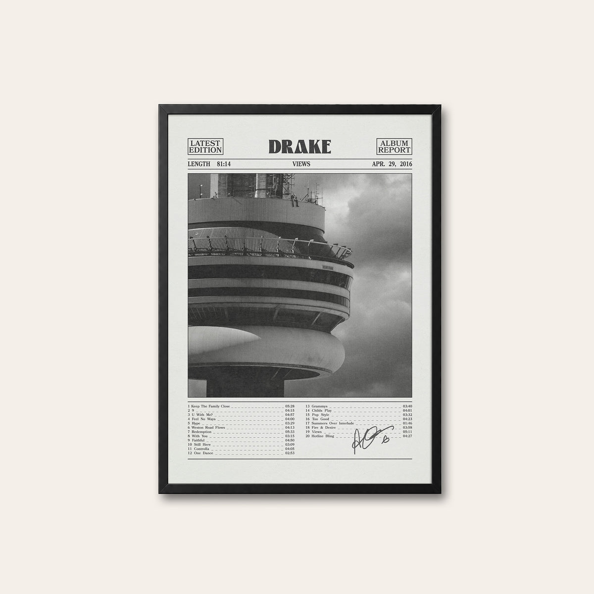 Drake Views Album Report album poster — black frame