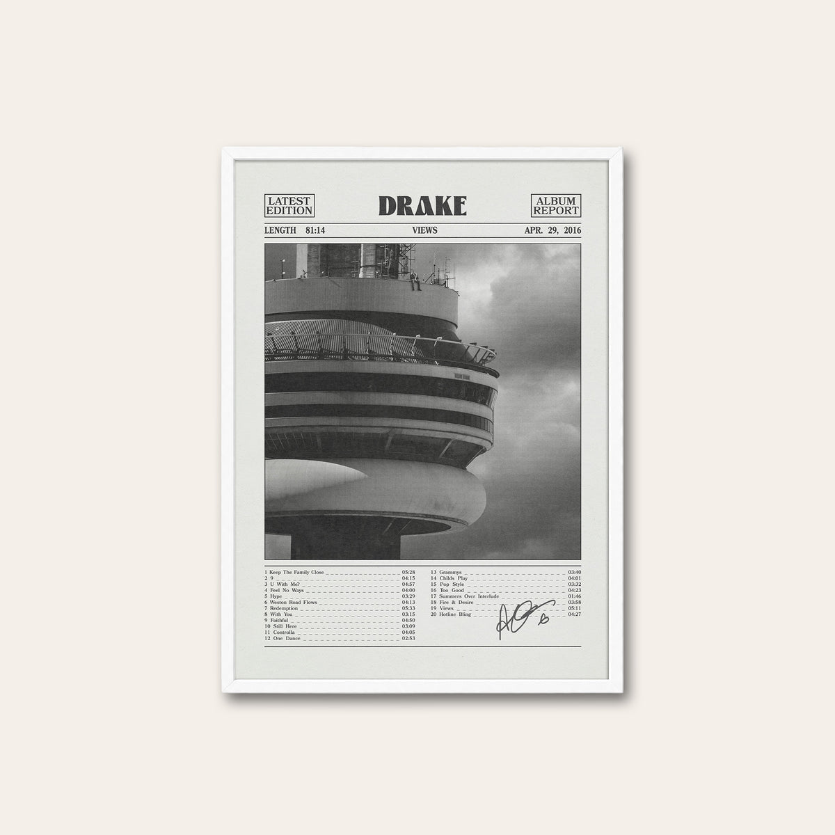 Drake Views Album Report album poster — white frame