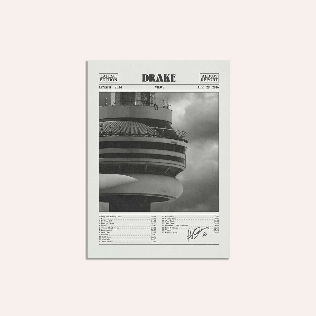 Drake Views Album Report album poster — unframed print