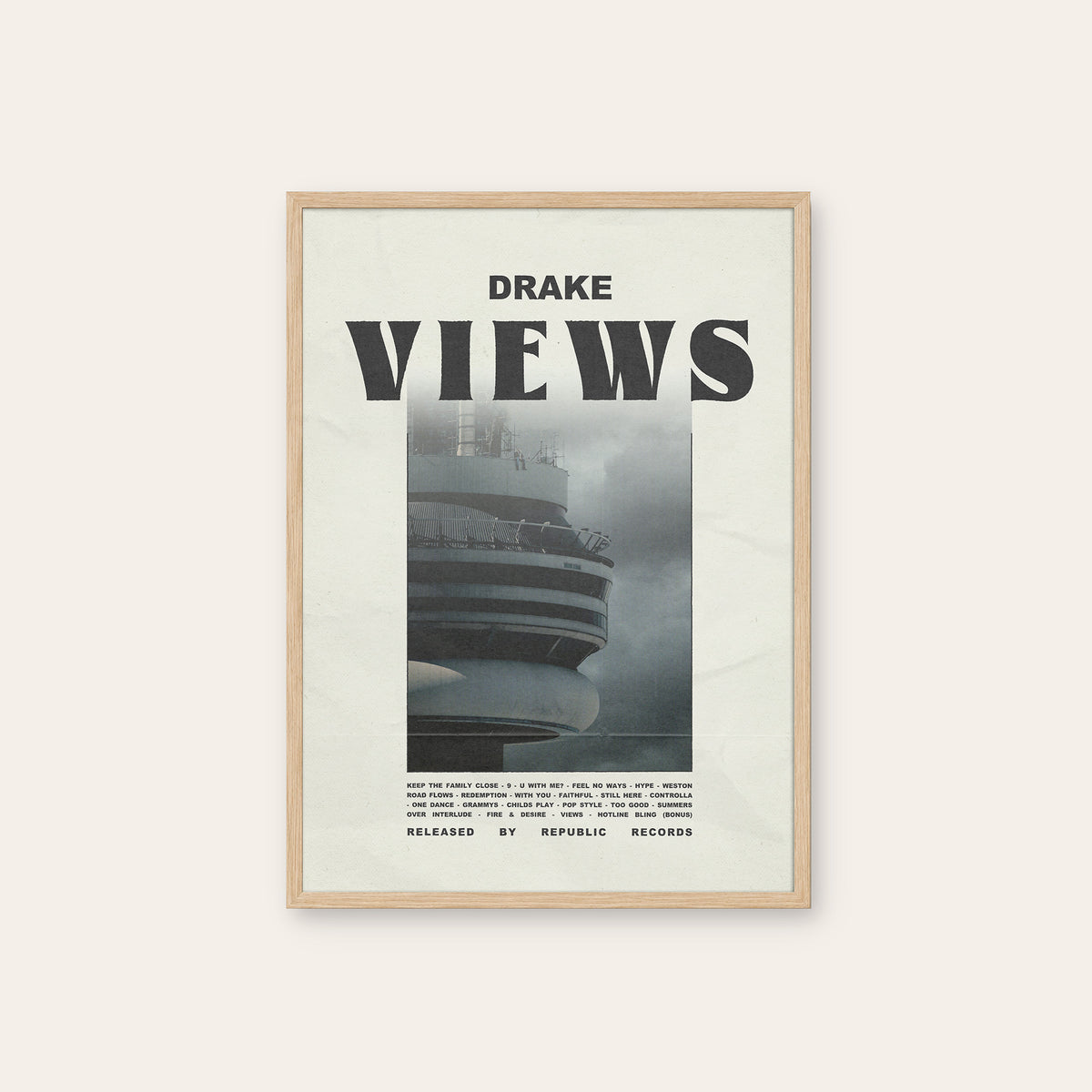 Drake Views Color Tower Edition album poster — natural wood frame