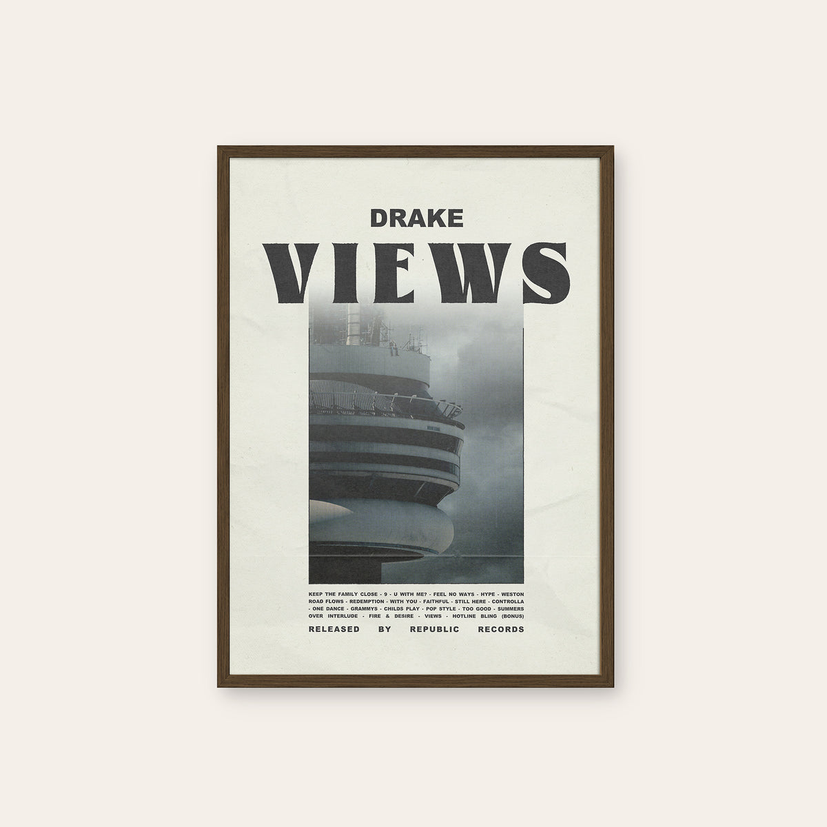 Drake Views Color Tower Edition album poster — dark wood frame