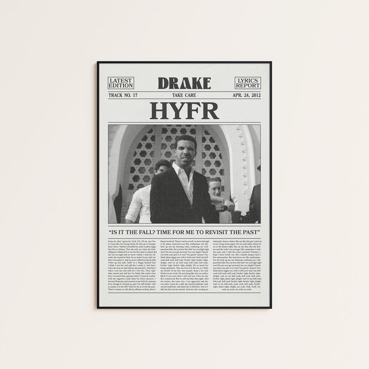 Drake HYFR newspaper poster — black frame display