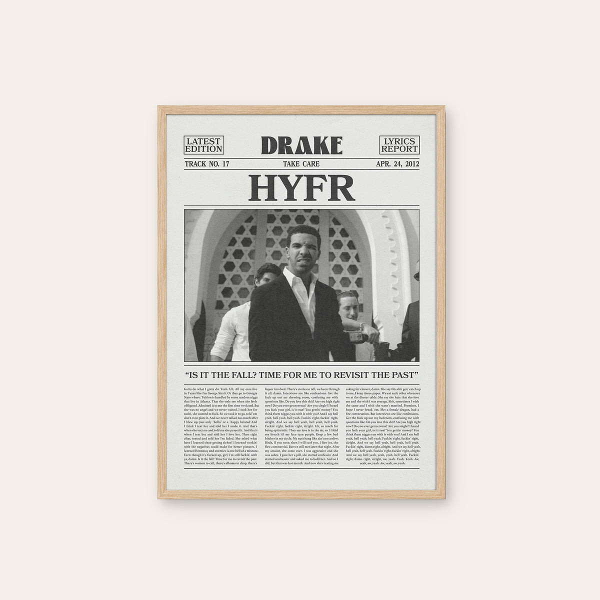 Drake HYFR newspaper poster — natural wood frame