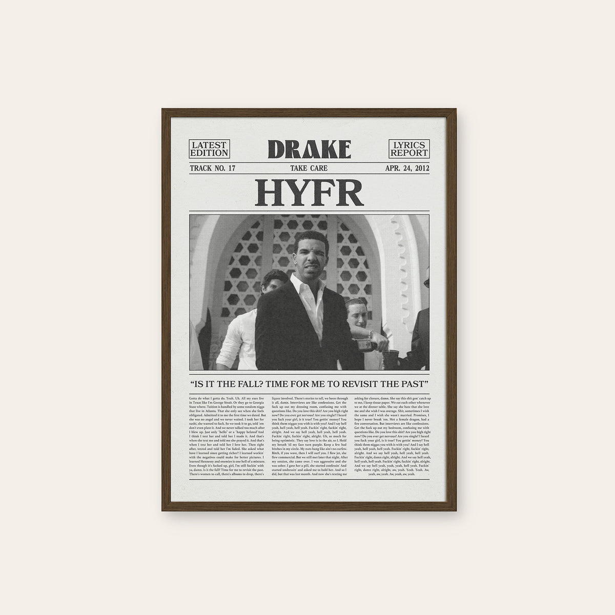 Drake HYFR newspaper poster — dark wood frame