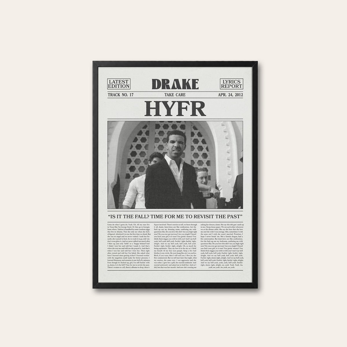 Drake HYFR newspaper poster — black frame
