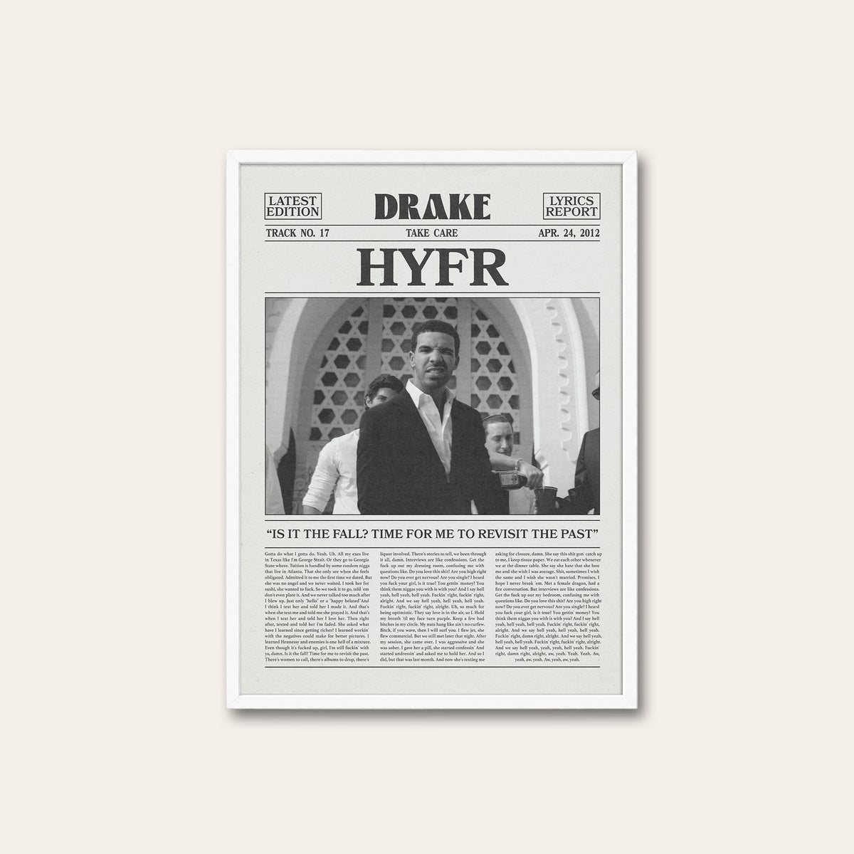 Drake HYFR newspaper poster — white frame