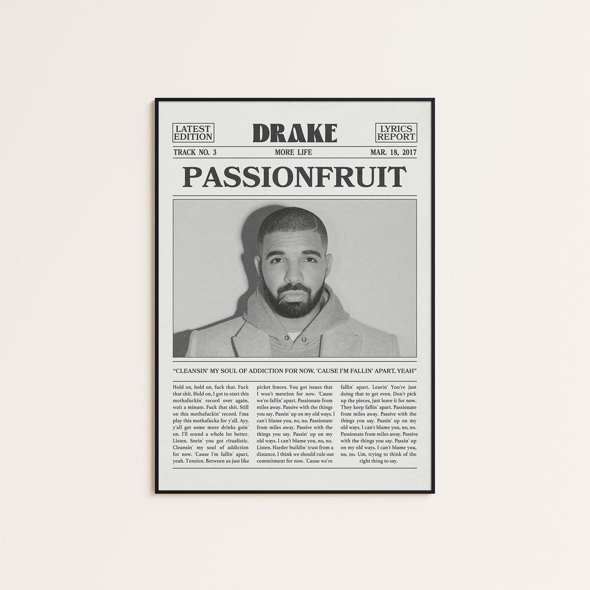 Drake Passionfruit Monochrome Portrait newspaper poster — black frame display