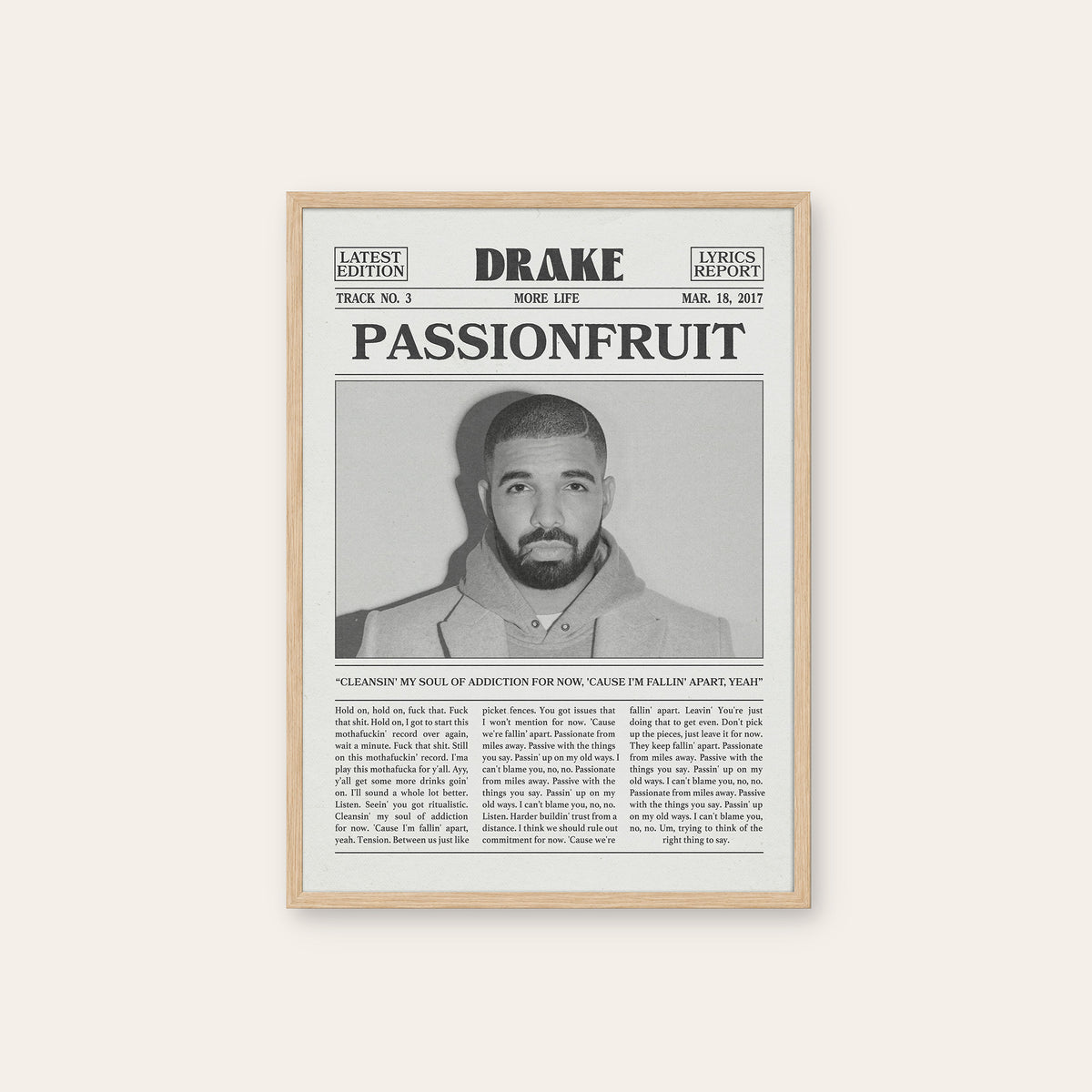 Drake Passionfruit Monochrome Portrait newspaper poster — natural wood frame