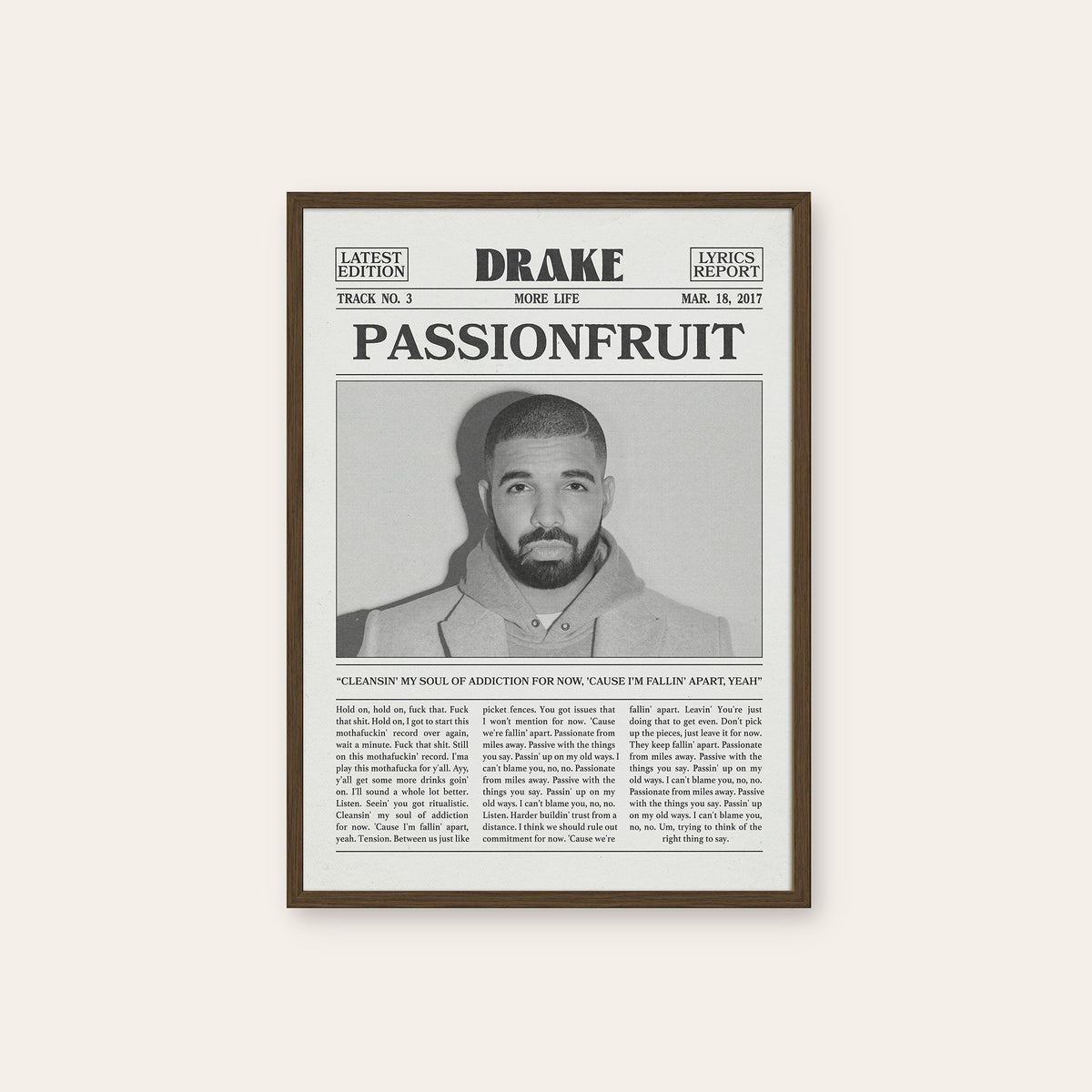 Drake Passionfruit Monochrome Portrait newspaper poster — dark wood frame