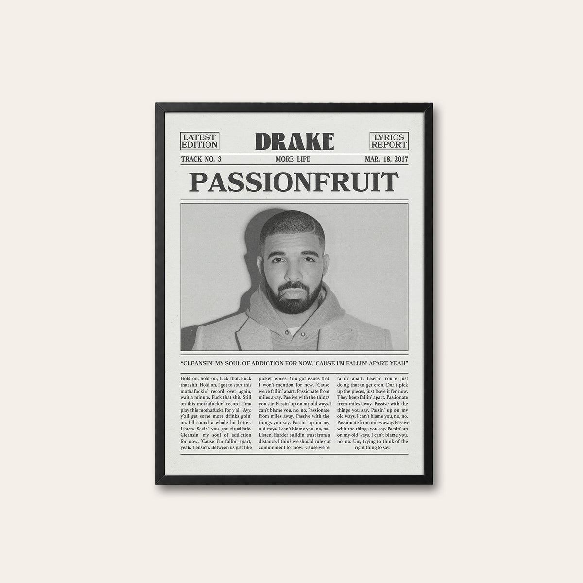 Drake Passionfruit Monochrome Portrait newspaper poster — black frame