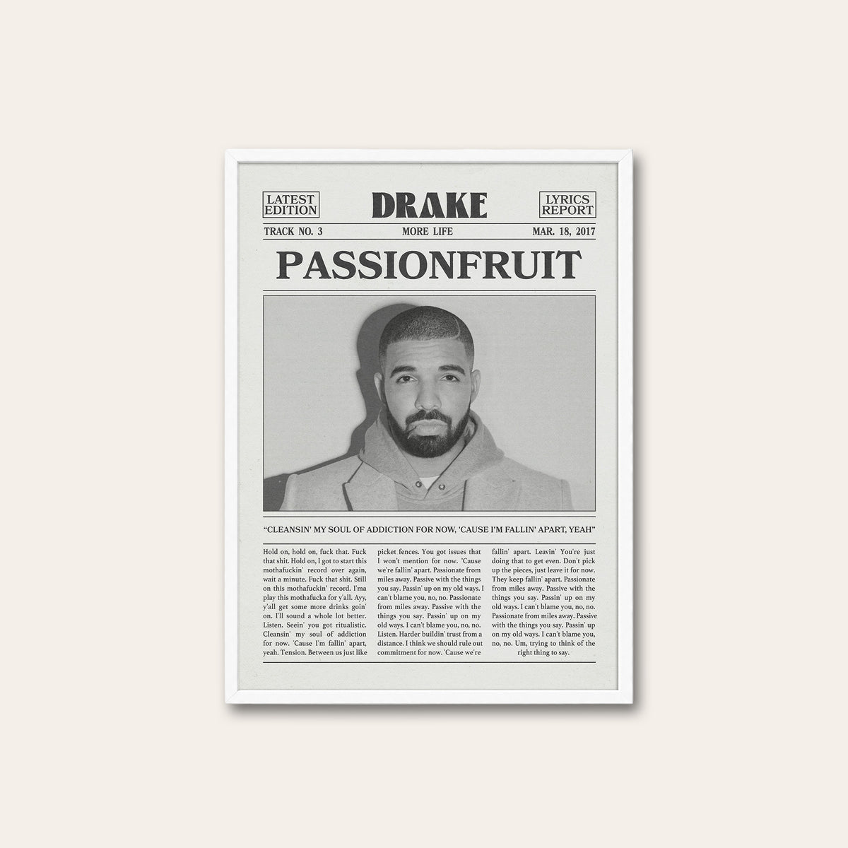Drake Passionfruit Monochrome Portrait newspaper poster — white frame