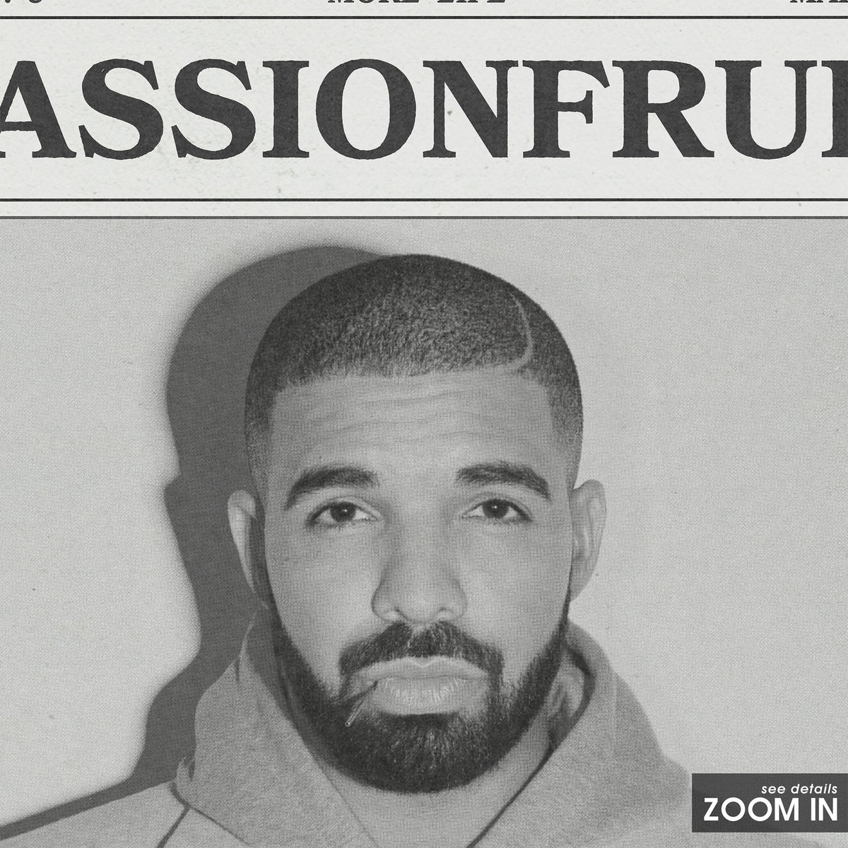 Drake Passionfruit Monochrome Portrait newspaper poster — close-up detail