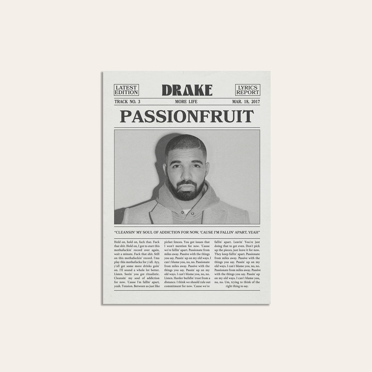 Drake Passionfruit Monochrome Portrait newspaper poster — unframed print
