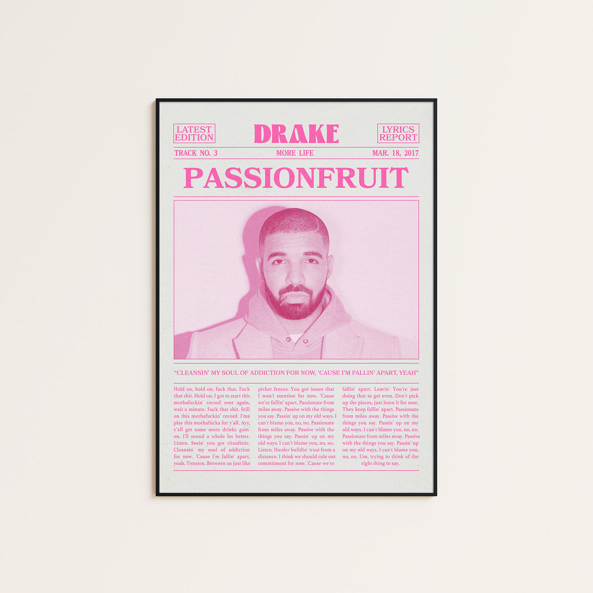 Drake Passionfruit Pink Portrait newspaper poster — black frame display