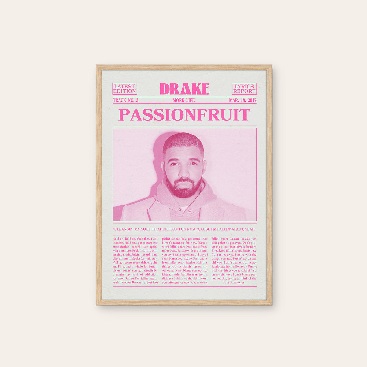 Drake Passionfruit Pink Portrait newspaper poster — natural wood frame