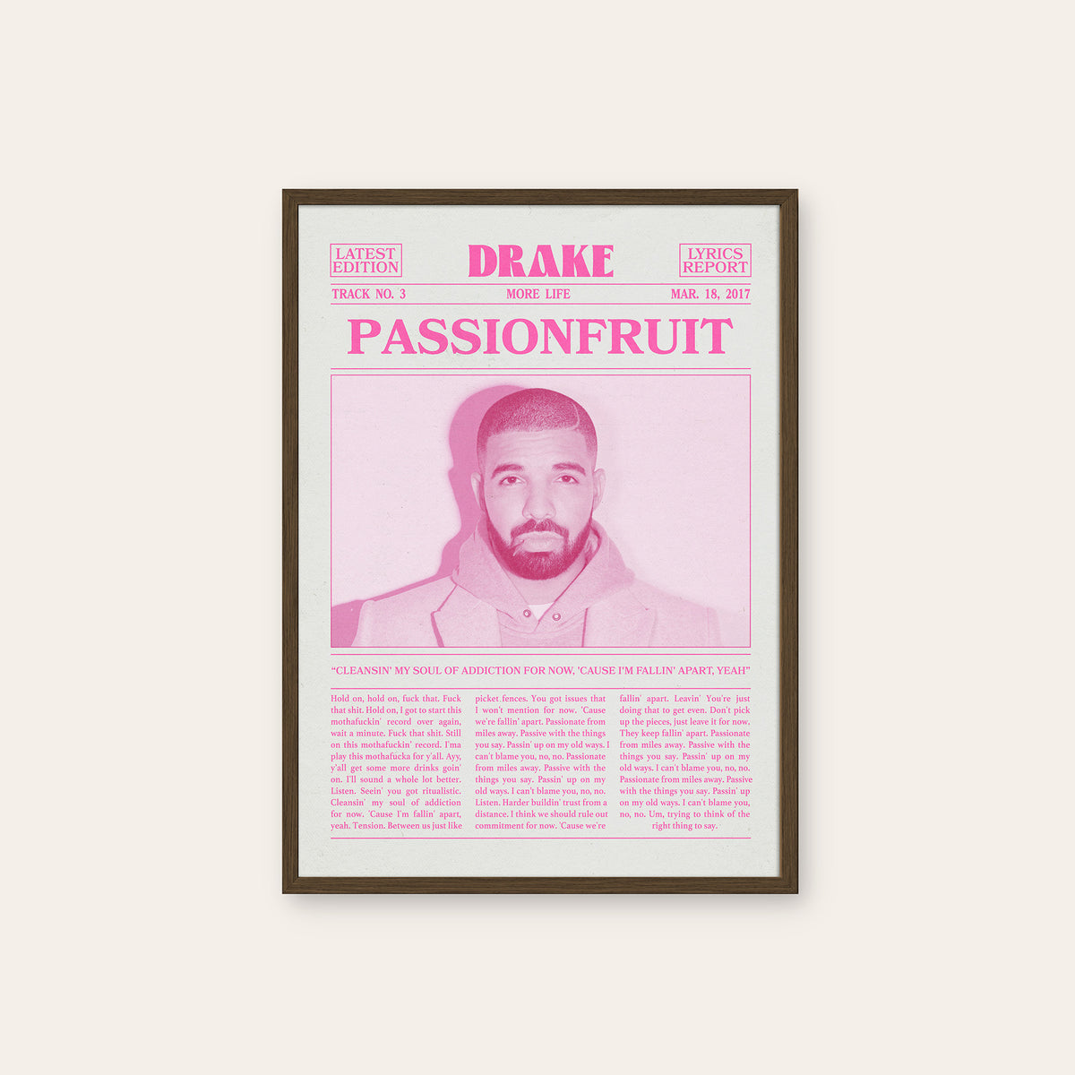 Drake Passionfruit Pink Portrait newspaper poster — dark wood frame