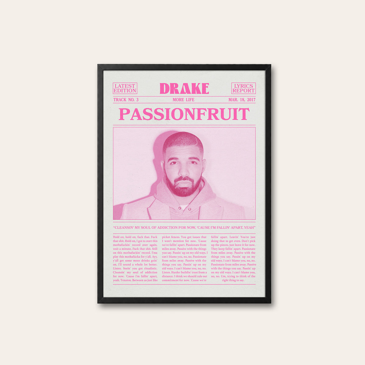 Drake Passionfruit Pink Portrait newspaper poster — black frame