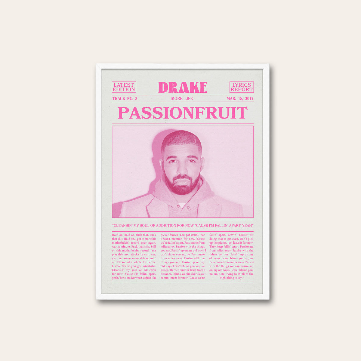Drake Passionfruit Pink Portrait newspaper poster — white frame