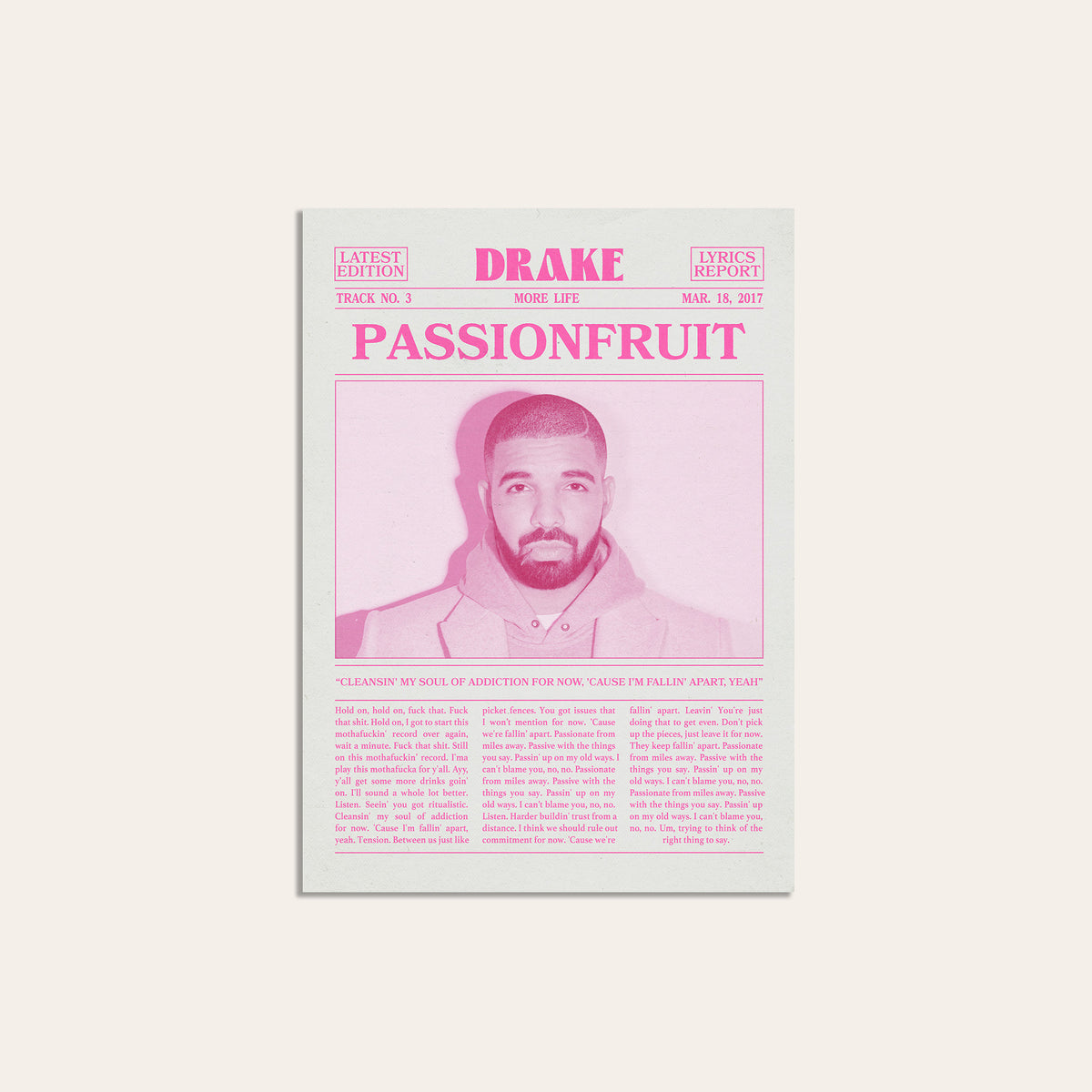 Drake Passionfruit Pink Portrait newspaper poster — unframed print