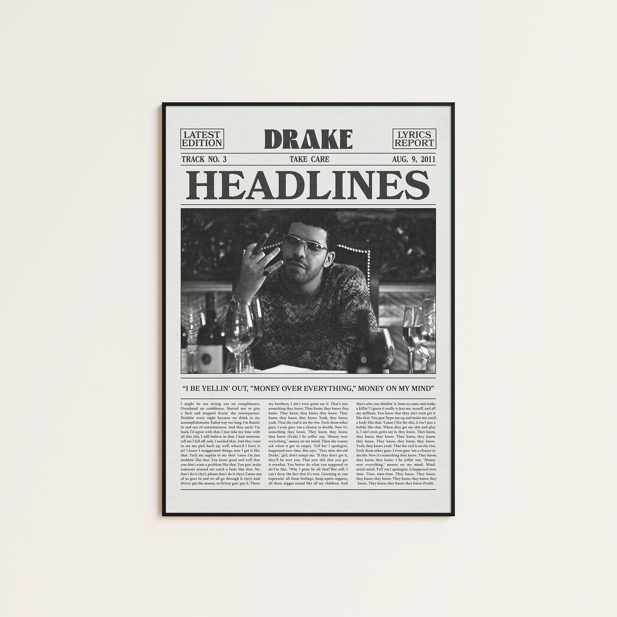 Drake Headlines Monochrome Portrait newspaper poster — black frame display