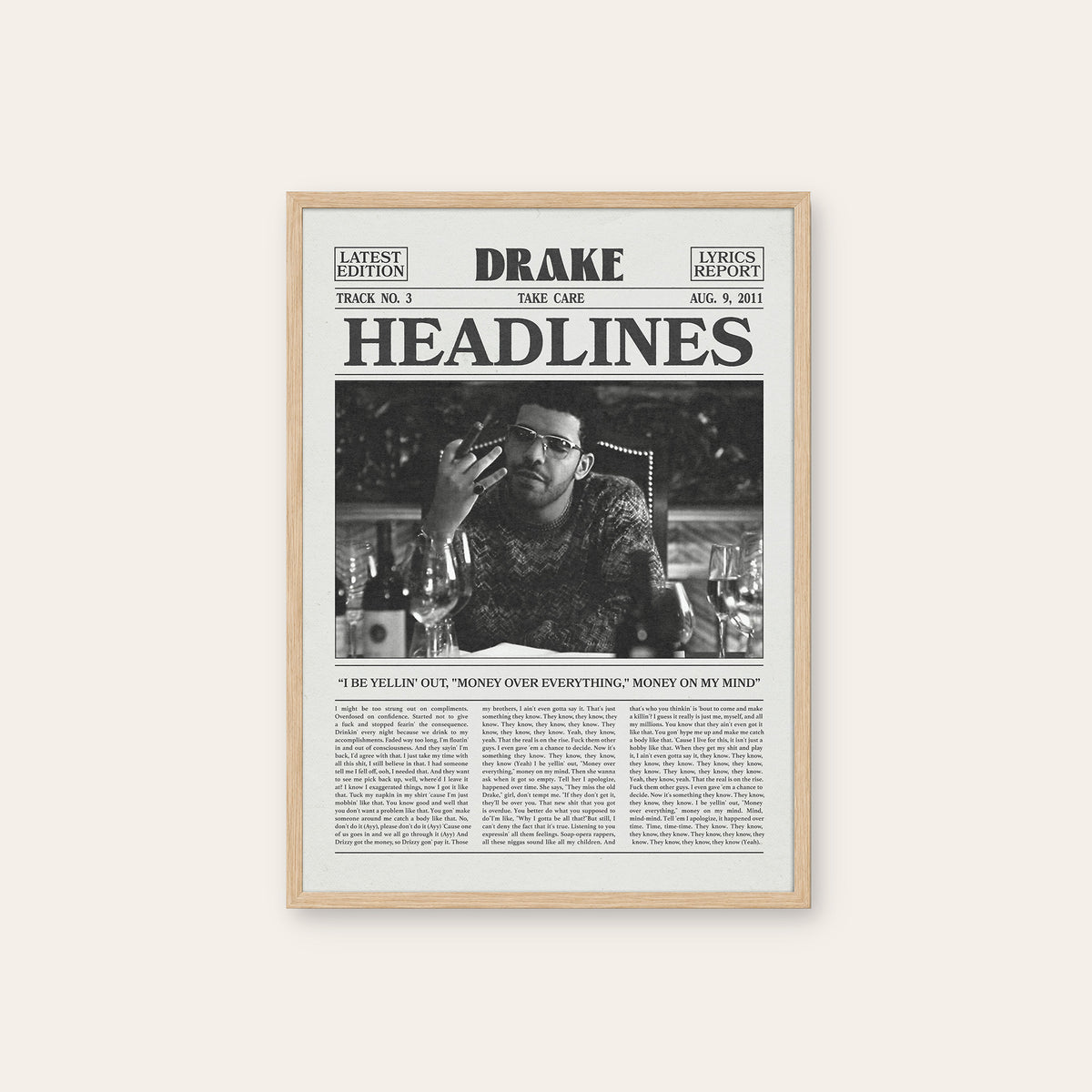 Drake Headlines Monochrome Portrait newspaper poster — natural wood frame