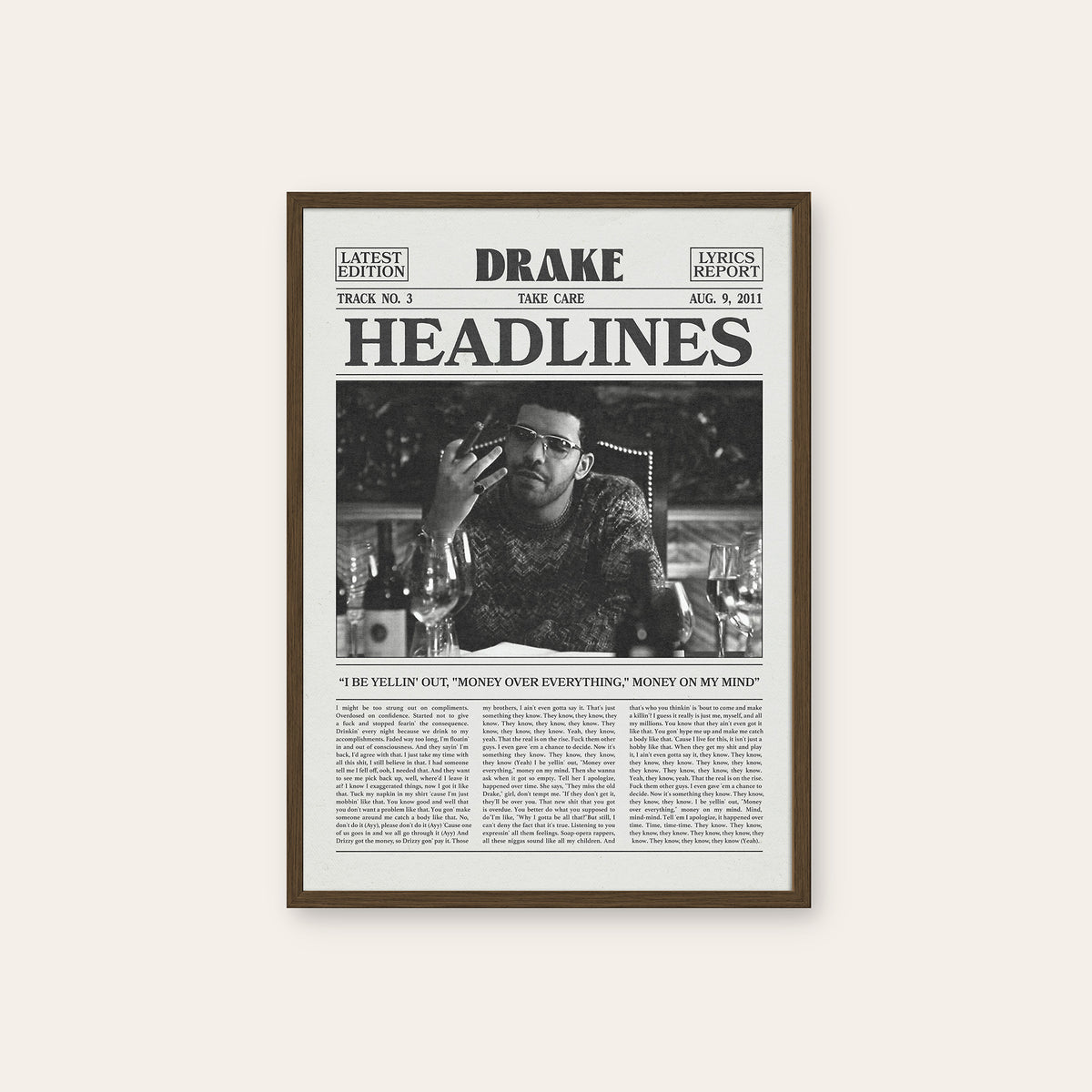 Drake Headlines Monochrome Portrait newspaper poster — dark wood frame