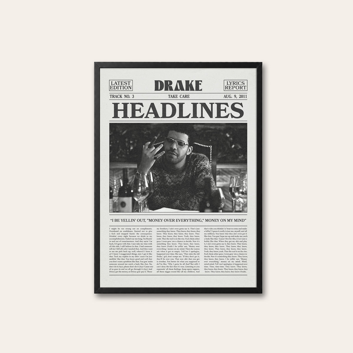 Drake Headlines Monochrome Portrait newspaper poster — black frame
