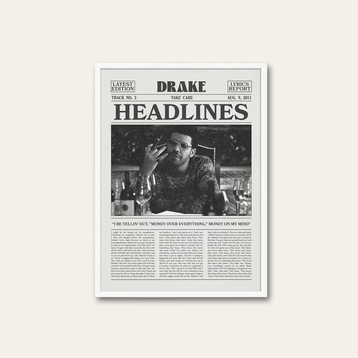 Drake Headlines Monochrome Portrait newspaper poster — white frame