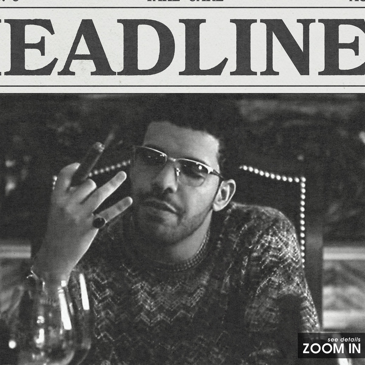Drake Headlines Monochrome Portrait newspaper poster — close-up detail