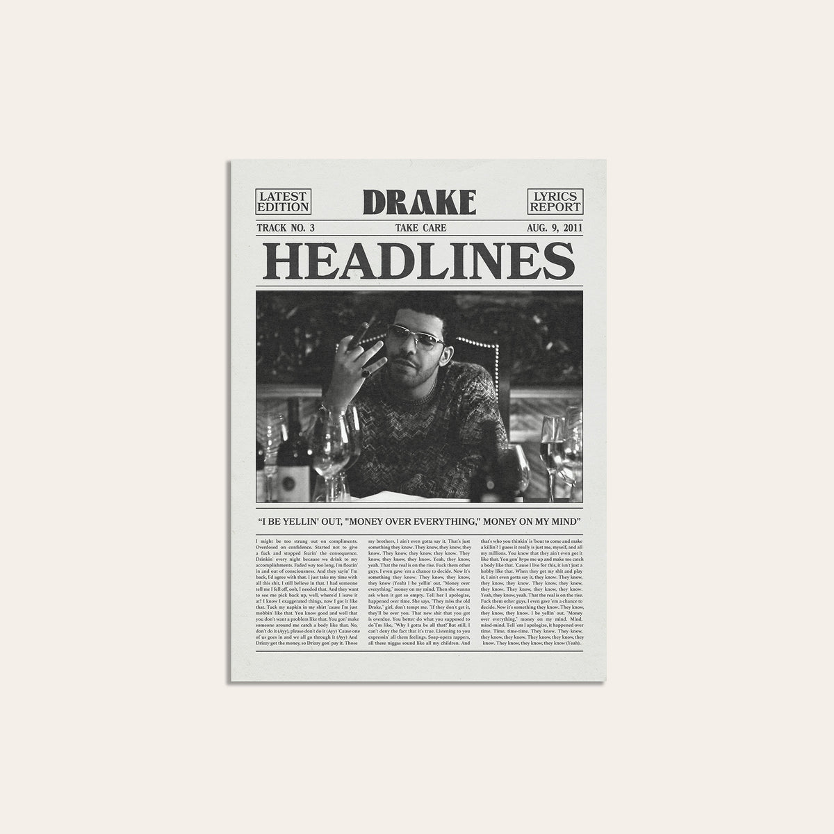 Drake Headlines Monochrome Portrait newspaper poster — unframed print