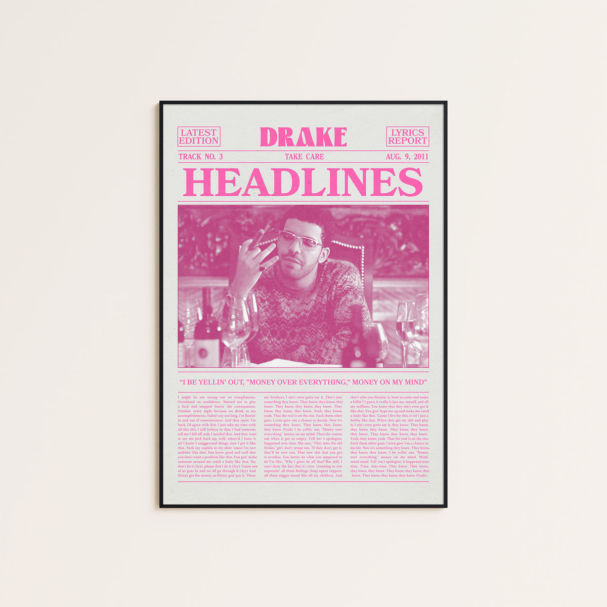 Drake Headlines Pink Portrait newspaper poster — black frame display
