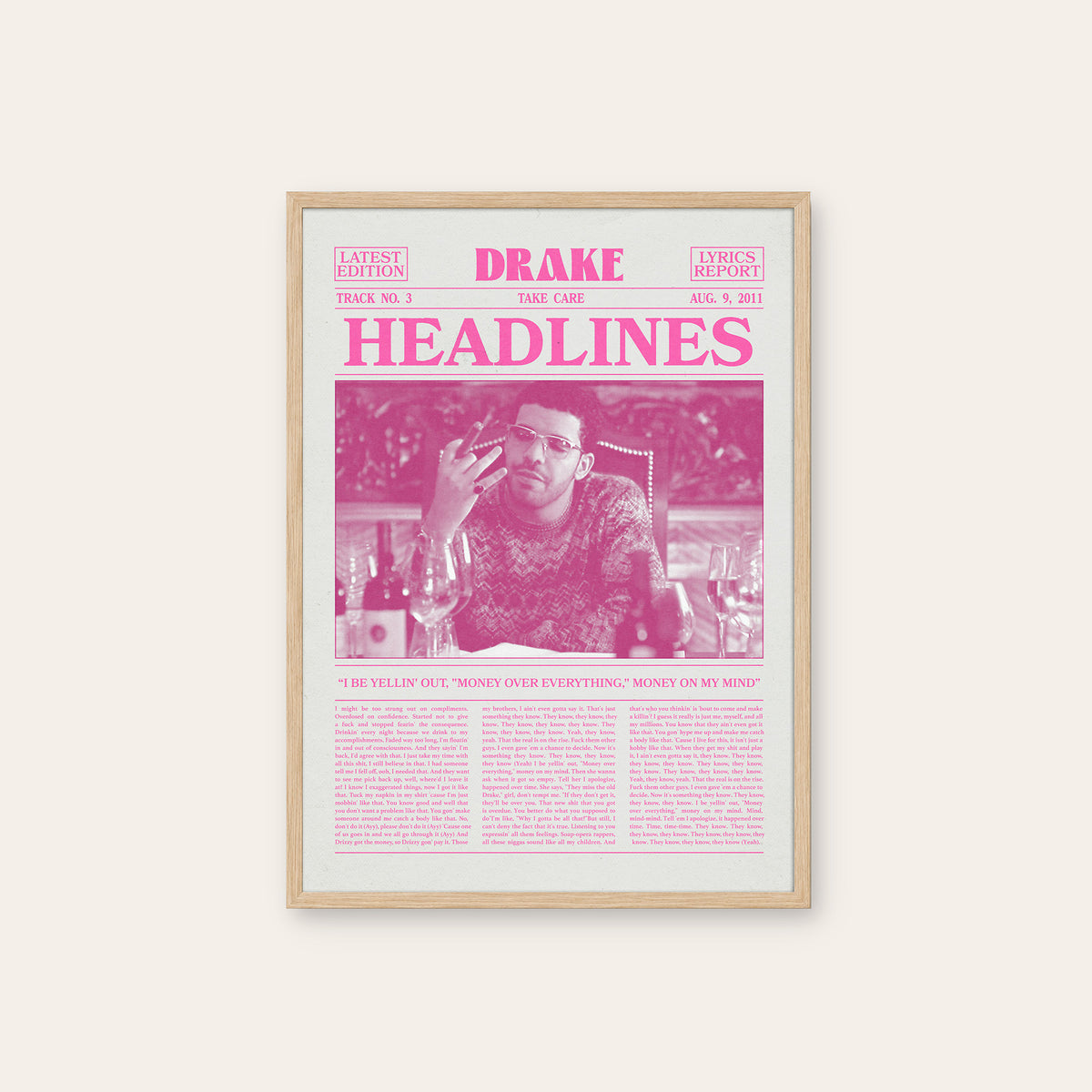 Drake Headlines Pink Portrait newspaper poster — natural wood frame