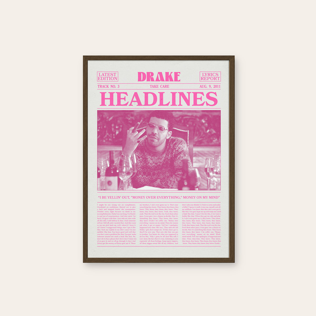 Drake Headlines Pink Portrait newspaper poster — dark wood frame