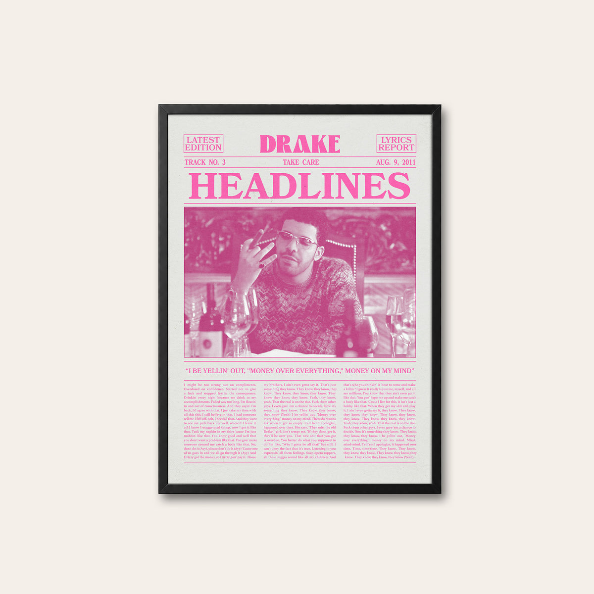 Drake Headlines Pink Portrait newspaper poster — black frame