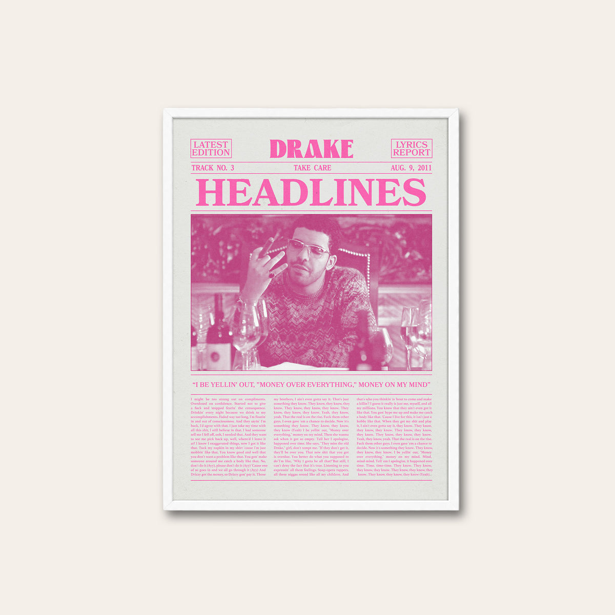 Drake Headlines Pink Portrait newspaper poster — white frame