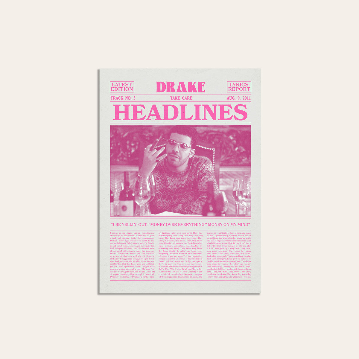 Drake Headlines Pink Portrait newspaper poster — unframed print